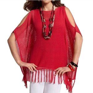 NWT Chico’s Travelers Leena Fringe Knit Poncho Sweater Lovebug Pink L/XL